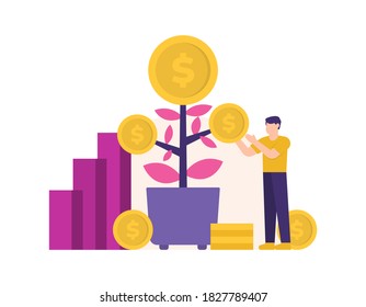 the concept of financial investment, investing, and planting stocks. illustarsi of a man or businessman harvesting or taking money from a coin tree. results and benefits. flat style. design elements