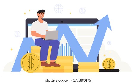 Concept of financial investments, business recovery and analysis, investment in innovation, marketing, banner, presentation. Economics strategy, analysis of sales, statistic grow data illustration.