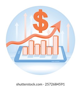 The concept of financial literacy. Financial growth with a bar graph on the digital platform. Investing money in self-development concept. Flat vector illustration.