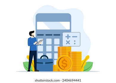 concept of financial management, financial administration, businessman calculating budget, optimization, financial accounting, tasks, vector illustration in flat design for UI, banner, mobile app.