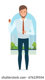Concept of financial management, analysis, research. Financial manager presents his company's banking product, in form of card, and attracting new customers. Vector illustration in cartoon style