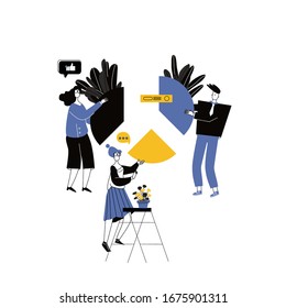 Concept of financial management, Statistics and business report, little people as puzzles hold the chart and collect infographics. Vector illustration