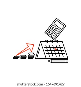 Concepto de planificación financiera. Dibujo plano de línea delgada de esquema. Aislado sobre fondo blanco. 