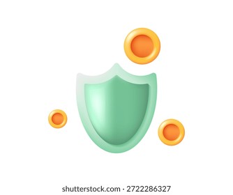 O conceito de proteção financeira e segurança, pagamentos e transações. Seguro e dinheiro de garantia. Ilustração de um escudo verde com moedas de ouro. Design de estilo 3D. Elementos, símbolos, fundo branco.