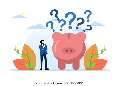 concept of financial question or savings problem, doubt or confusion, banking or economic uncertainty, money contemplation or solution, wealth, confused businessman with piggy bank and question mark.