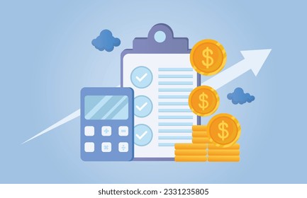 Concept of financial report, digital accounting, audit and financial research. Calculator and coins flat style.on blue background.Vector Design Illustration.
