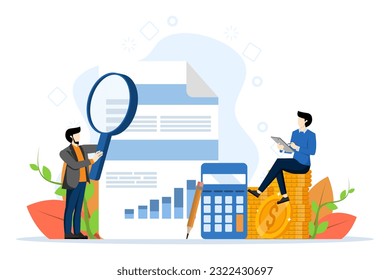 Concept of financial reports, digital accounting, financial audit and research, accounting reports. people study financial statements. Vector illustration in flat design on white background.