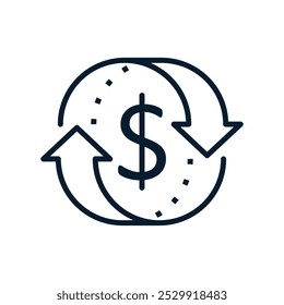 Concept financial services, cashback, currency exchange. Vector linear icon isolated on white background.
