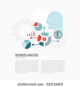 Concept of financial strategy and business analysis in flat style with human head silhouette. Vector Illustration.