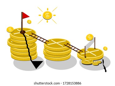 Concept financial success in the beginning to the goal. People are heading along a golden yellow stack coin through the wooden steps to reach the red flag.