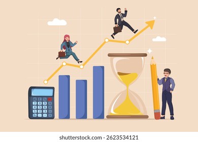 Concept of Financial Success and Planning with Charts, Calculator, Hourglass, and Individuals on an Increasing Arrow.