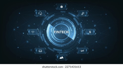 Concept of Financial technology,banking and money transaction.Icon Fintech and things on dark blue technology background.	