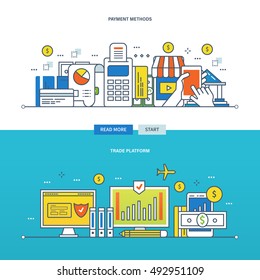 Concept of financial trading platform, and payment methods. Color Line icons collection. Vector design for website, banner, printed materials and mobile app.