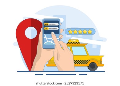 Concepto Encontrar taxistas en línea, Taxi en línea, App de servicio de taxi, alquiler y compartir coche, coche compartido de larga distancia, pin de navegación. App de servicio de taxi en la pantalla del teléfono inteligente. Ilustración vectorial plana.