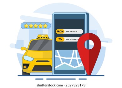 Concepto Encontrar taxistas en línea, Taxi en línea, App de servicio de taxi, alquiler y compartir coche, coche compartido de larga distancia, pin de navegación. App de servicio de taxi en la pantalla del teléfono inteligente. Ilustración vectorial plana.