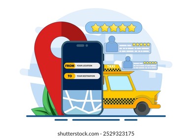 Concepto Encontrar taxistas en línea, Taxi en línea, App de servicio de taxi, alquiler y compartir coche, coche compartido de larga distancia, pin de navegación. App de servicio de taxi en la pantalla del teléfono inteligente. Ilustración vectorial plana.