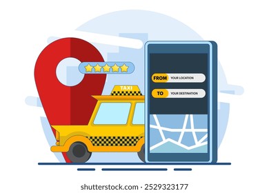 Concepto Encontrar taxistas en línea, Taxi en línea, App de servicio de taxi, alquiler y compartir coche, coche compartido de larga distancia, pin de navegación. App de servicio de taxi en la pantalla del teléfono inteligente. Ilustración vectorial plana.