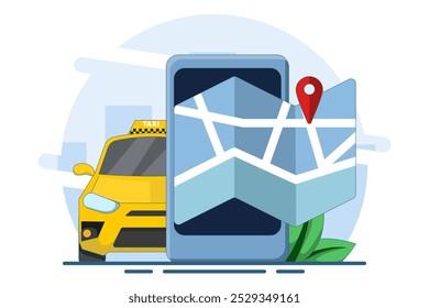 Concepto Encontrar taxistas en línea, Taxi en línea, App de servicio de taxi, alquiler y compartir coche, coche compartido de larga distancia, pin de navegación. App de servicio de taxi en la pantalla del teléfono inteligente. Ilustración vectorial plana.