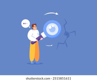 concept of finding and analyzing business gaps. analyzing weaknesses or deficiencies in business. a businessman or entrepreneur uses a magnifying glass to see cracks. flat style design. elements