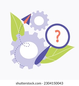 The concept of finding answers to a question. Business strategy. A flat vector illustration for solving a problem and finding solutions. A question mark under a magnifying glass.