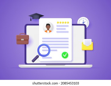 The concept of finding the best candidate for a job. The HR manager is reviewing the resume of a new employee. Vector 3D illustration.