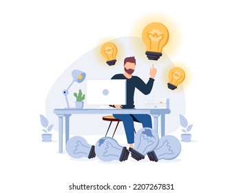 Concept of finding brilliant ideas brainstorm or thinking. Business character with lightbulbs solution and knowledge for web banner design, ui. Variants search success. isolated on white background.