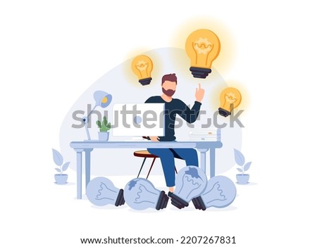 Concept of finding brilliant ideas brainstorm or thinking. Business character with lightbulbs solution and knowledge for web banner design, ui. Variants search success. isolated on white background. Foto d'archivio © 