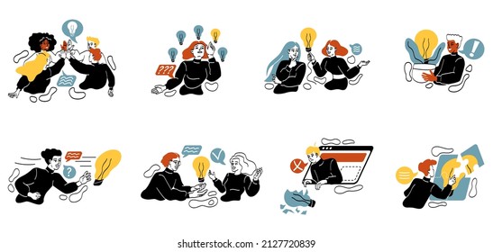 Concept of finding brilliant ideas. Creative men and women with light bulbs. Brainstorming or search for new solutions for development of company. Cartoon flat vector set isolated on white background