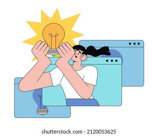 Concept of finding brilliant ideas or thinking. Creative people with light bulbs. Business character with lightbulbs as symbol of solution and knowledge for web banner design, ui. Variants search.