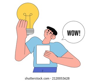 Concept of finding brilliant ideas or thinking. Creative people with light bulbs. Business character with lightbulbs as symbol of solution and knowledge for web banner design, ui. Variants search.