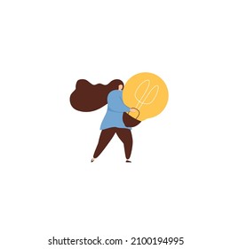 Concept of finding brilliant ideas. Woman with light bulbs. Business woman with light bulbs as symbol of solutions and knowledge. Flat vector illustration isolated on white background.