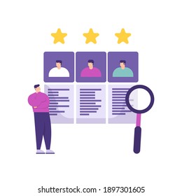 a concept of finding clients or customers, recruiting employees, opening job vacancies. illustration of men choosing and reading job applicants' biodata. magnifying glass. flat style. vector design