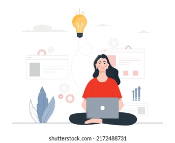 Concept of finding creative ideas and solutions. Girl sitting with laptop, thinking about project. Startup, finance and strategies. Brainstorming and insight. Cartoon flat vector illustration.