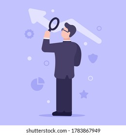 The concept of finding an effective plan of action in business. A man in a suit and looking through a magnifying glass is looking for the best way to promote the business. Web banner. Flat style.