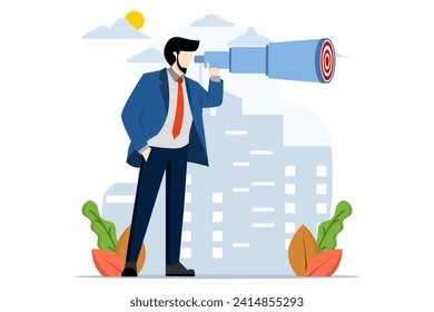concept of finding a goal or finding a strategy to achieve a goal, a businessman looks through a telescope to find a target or goal, Looking for a target or business goal. flat vector illustration.