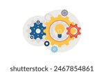 The concept of finding great ideas. Flat Design of Topic of New Ideas and thoughts. 
Creativity and inspiration in a modern style with a light bulb and gears