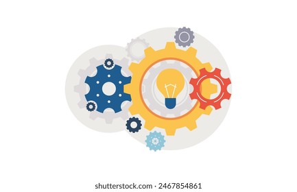 The concept of finding great ideas. Flat Design of Topic of New Ideas and thoughts. 
Creativity and inspiration in a modern style with a light bulb and gears