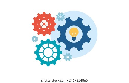 The concept of finding great ideas. Flat Design of Topic of New Ideas and thoughts. 
Creativity and inspiration in a modern style with a light bulb and gears