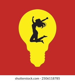 Concept of finding ideas with light bulb shape and happy human silhouette, woman with lightbulb silhouette