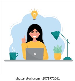 Concept of finding ideas vector illustration. Young womansitting with laptop having great idea.