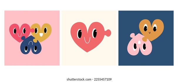 The concept of finding a lover or sweetheart. A set of romantic cards with hearts in the form of a mosaic. Template design. Symbol of love. Vector hand drawn illustration