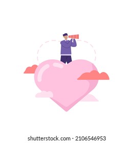 the concept of finding a mate or partner. matchmaking app. illustration of a man using a telescope to find a girlfriend. heart balloon, singles, cloud, valentine's day. flat cartoon style. vector. ui