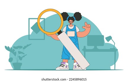 Concept Finding the necessary information on the Internet. The guy is holding a magnifying glass. Retro style character.