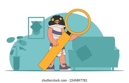 Concept Finding the necessary information on the Internet. A man holds a magnifying glass in his hands. Retro style character.