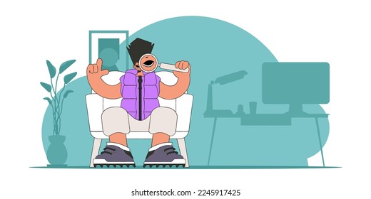 Concept Finding the necessary information on the Internet. The guy is holding a magnifying glass. Retro style character.