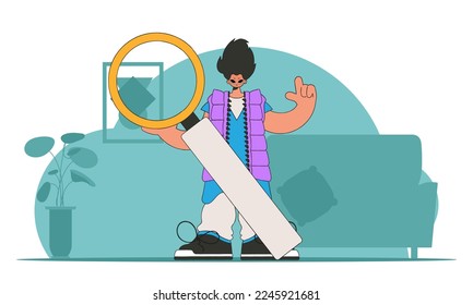 Concept Finding the necessary information on the Internet. The man is holding a magnifying glass. Retro style character.