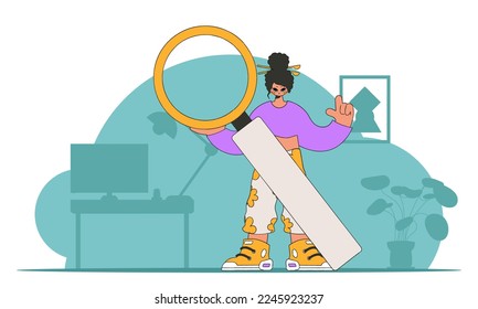 Concept Finding the necessary information on the Internet. A man holds a magnifying glass in his hands. Linear retro style character.