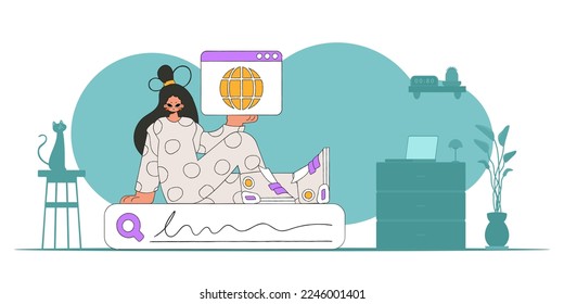 Concept Finding the necessary information on the Internet. The girl sits on the search line and holds a browser window in her hands. Retro style character.