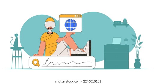Concepto Encontrar la información necesaria en Internet. Un hombre se sienta en una barra de búsqueda y tiene una ventana de navegador en sus manos. Carácter de estilo retro.