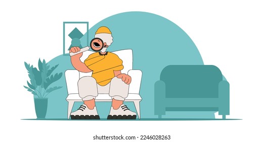 Concept Finding the necessary information on the Internet. The guy is holding a magnifying glass in his hands. Retro style character.